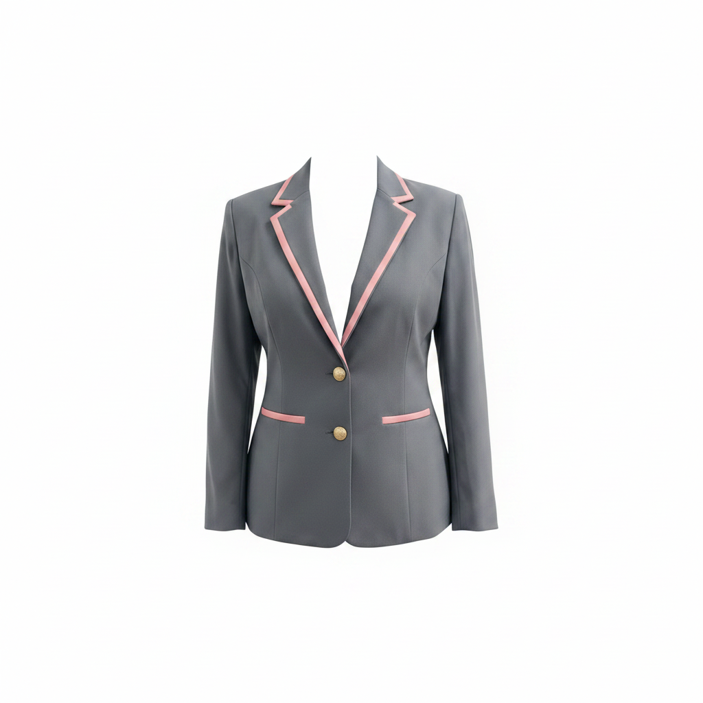 Gray blazer with pink trim on a white background