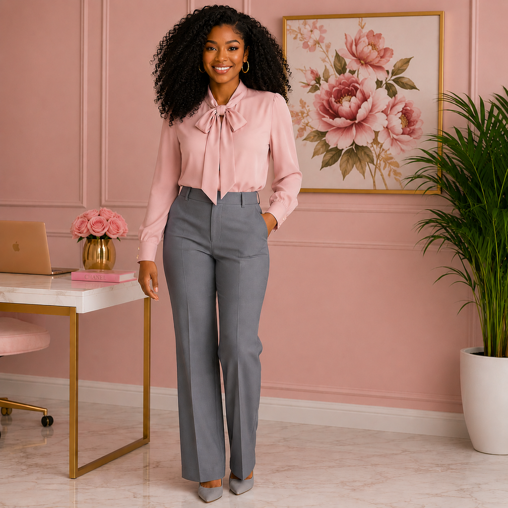 Woman in pink blouse and gray pants standing in a stylish room with a desk and floral decor.