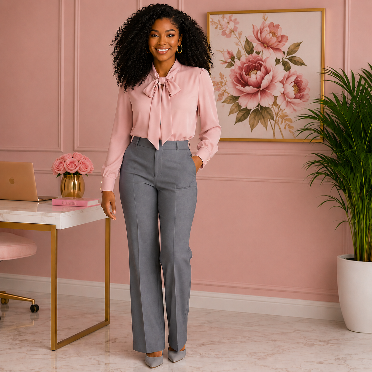 Woman in pink blouse and gray pants standing in a stylish room with a desk and floral decor.