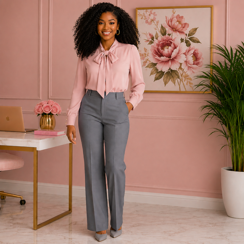 Woman in pink blouse and gray pants standing in a stylish room with a desk and floral decor.