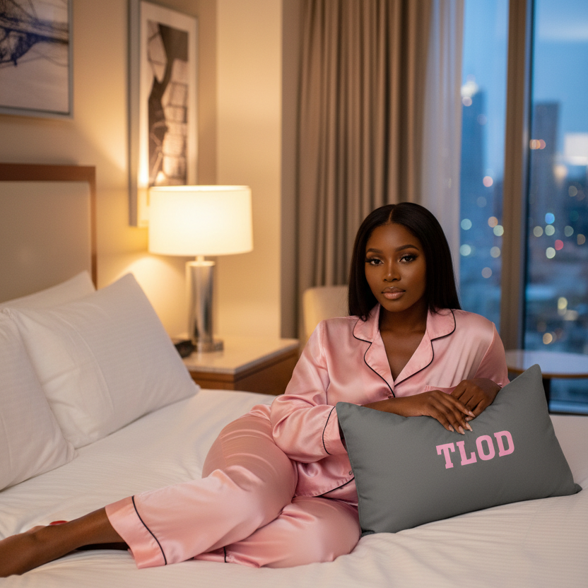 Woman in pink pajamas sitting on a bed with a pillow that says 'TLOD' at night.