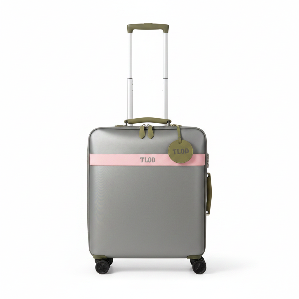 Silver suitcase with a pink band and green tag on a white background
