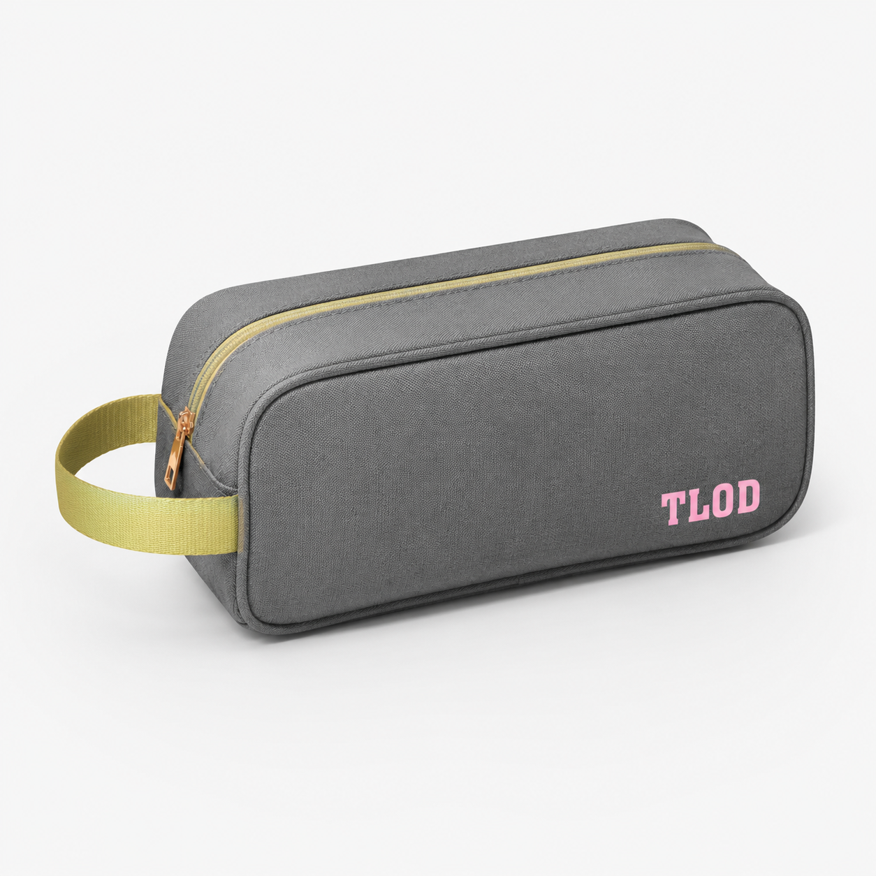 Gray shoe bag with a yellow strap and 'TLOD' branding on a white background